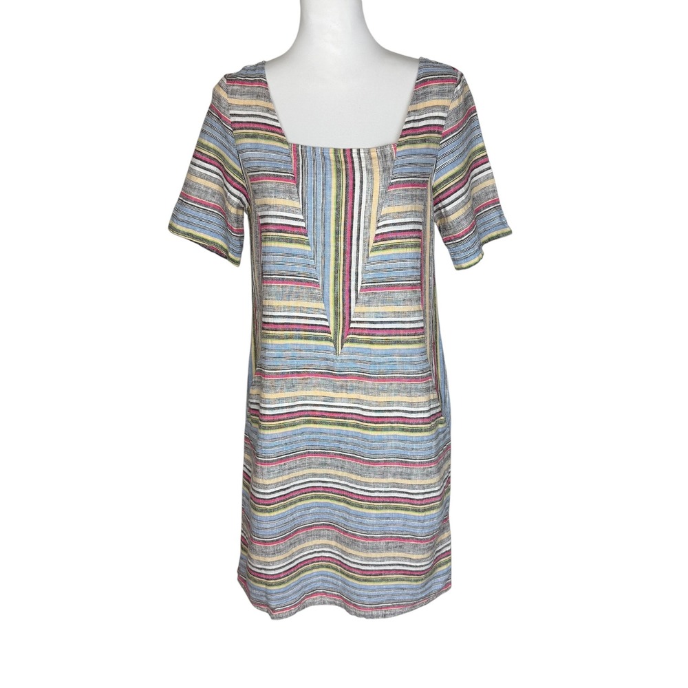 For Cynthia Small Linen Cotton Striped Shift Dress Multicolor Short Sleeve